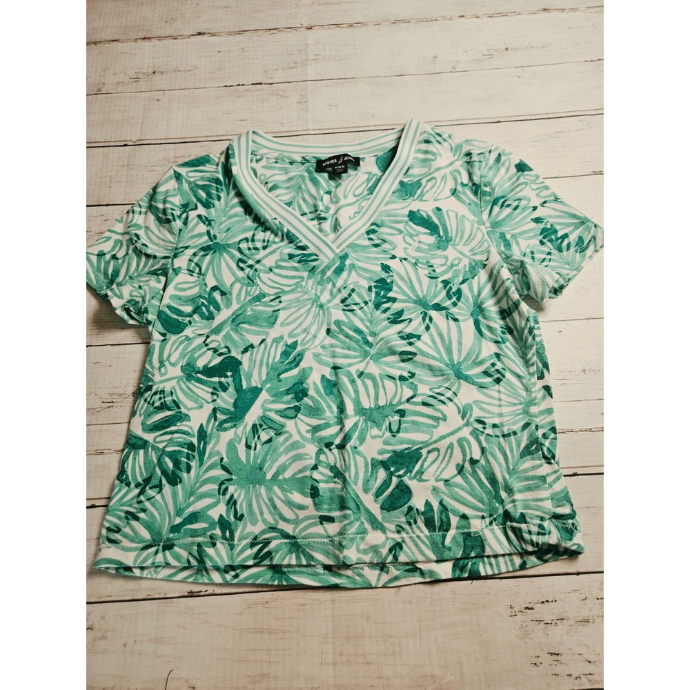 Nautica Jeans Womens Green Tropical Monstera Leaf V-Neck T-Shirt Size M